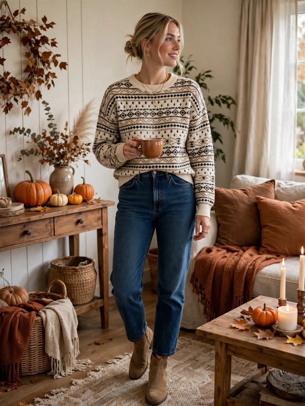 Ardene Cream Fair Isle Nordic Knit Sweater Relaxed Oversized Fit